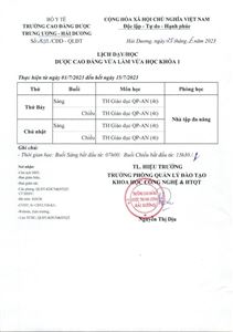 Lịch dạy/học Dược CĐ vừa làm vừa học khóa 1