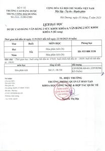 Lịch dạy/học Dược CĐ VB2SK khóa 6; VB2SK khóa 5 (bổ sung)