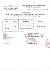 Lịch dạy/học Dược CĐCQ khóa 15-15B1,B2; K14-14B1,B2; NSK khóa 2-2A; khóa 3-3A (bổ sung)