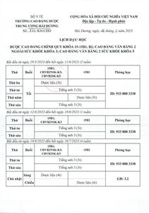 Lịch dạy/học Dược CĐCQ khóa 15-15B1,B2; CĐVB2NSK khóa 3; CĐVB2SK khóa 5