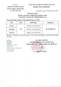 Lịch dạy/học Dược CĐCQ K16-16B; VB2NSK K4-4A